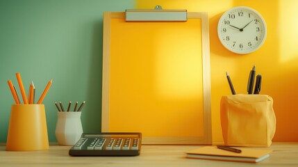 Poster - Stylish desk featuring a modern clock and pencils for a timely and creative workspace environment
