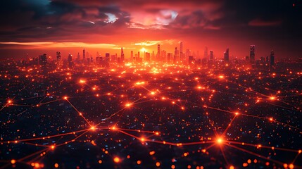 Cityscape sunset network connection futuristic illustration