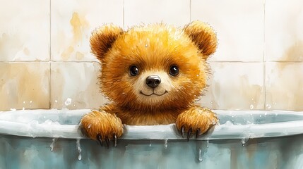 Poster - bear in bathtub clipart watercolor art illustration detailed illustration