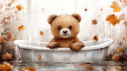 Poster - bear in bathtub clipart watercolor art illustration detailed illustration
