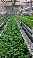Aufkleber - Rows of thriving microgreens nurtured with advanced drip irrigation in a clean greenhouse setting Generative AI