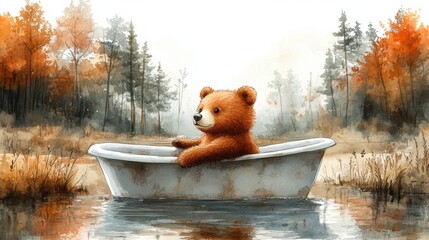 Poster - bear in bathtub clipart watercolor illustration hand painted digital artwork
