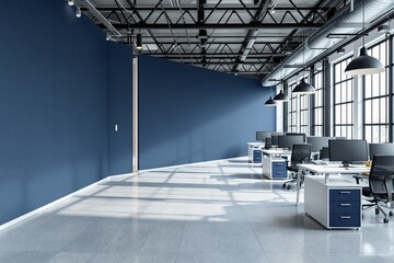 Poster - Modern open-plan office interior with blue walls and industrial design.