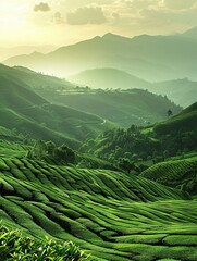 Aufkleber - Green tea plantations in a serene mountainous landscape during golden hour. Generative AI