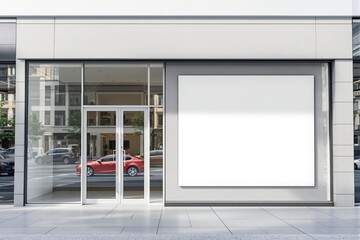 Poster - Storefront with large blank billboard and glass entrance doors.