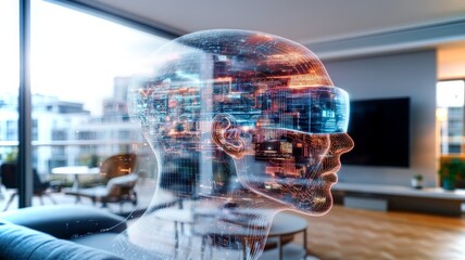 Poster - High-tech environment featuring a futuristic humanoid figure
