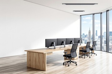 Poster - Modern office interior with wooden desk, ergonomic chairs, and multiple monitors in a high-rise building with city skyline view through large windows.