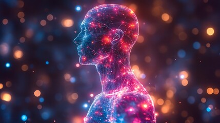Leinwandbilder - A human figure illuminated with vibrant, transparent cosmic overlays against a dark background