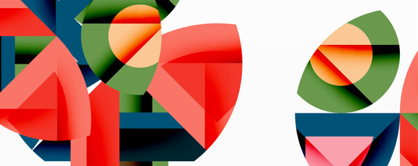 Poster - Abstract geometric composition with interlocking circular and angular shapes, featuring smooth gradients and sharp contrasts on a white background