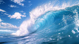 Powerful Ocean Wave Curling Under a Blue Sky  
