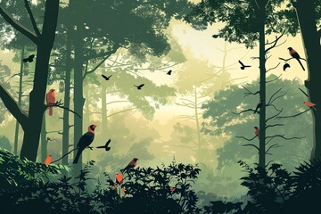 Poster - Forest landscape with diverse bird species creating a serene environment for nature lovers at dawn Generative AI