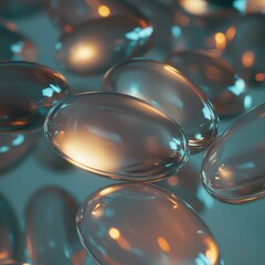 Poster - Translucent Capsules Shimmering in Light Create an Ethereal Atmosphere in a Close-Up Study of Pharmaceutical Products