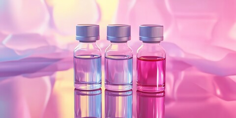 Poster - Colorful Vials Containing Liquids Displayed on a Reflective Surface With Soft Lighting