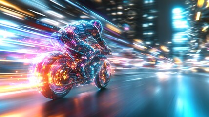 Poster - Dynamic night ride on a futuristic motorcycle through a glowing