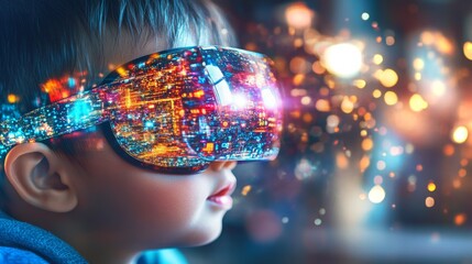 Poster - Cute Asian baby exploring a high-tech smart nursery with advanced augmented reality goggles