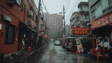 Naklejka na meble Rainy City Street Scene: Red Buildings and Wet Pavement