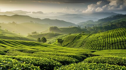 Aufkleber - Vibrant green tea plantations extend across rolling hills under a dramatic sky in this stunning landscape. Generative AI