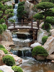 Poster - Explore a serene Japanese tea garden with flowing streams, stone bridges, and lush green foliage creating a tranquil retreat Generative AI