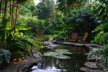 Poster - Quiet oasis amidst lush gardens offering peaceful rest and meditation for rejuvenation and relaxation Generative AI