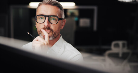 Leinwandbilder - Office, mature businessman and architect with thinking for drawing board, creative solution and idea. Night, male person and designer with pencil for sketch, planning and problem solving with review