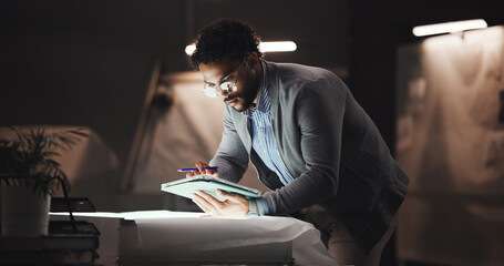 Fototapete - Businessman, architect and research with tablet on blueprint for construction planning or building design. Man, civil engineer or working late with paper or technology at night for project deadline