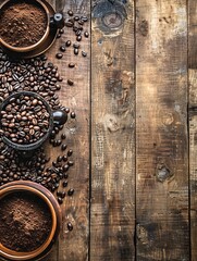 Leinwandbilder - Warm coffee beans and grinders beautifully arranged on a rustic wooden table for a cozy coffee shop atmosphere Generative AI