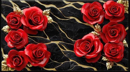 Poster - Richly textured acrylic floral frame with cascading roses and golden accents.