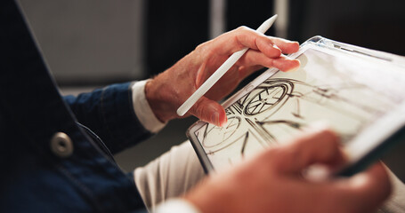 Poster - Person, hands and designer with tablet screen or sketch for car prototype or modeling at office. Closeup, mechnical engineer or digital drawing with technology for 2D vehicle, blueprint or project