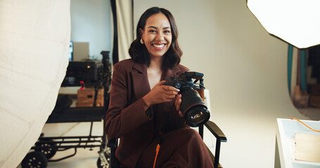 Aufkleber - Happy, woman and photographer with portrait in backstage for photoshoot results, catalog and selection. Person, camera and career in photography, film production and editing picture in media industry