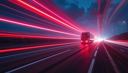 Poster - Motion view Futuristic autonomous truck on highway at night with digital wave graphics, illustrating smart transportation technology, future logistics Concept, innovation, automated travel, in Motion 