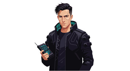 Poster - Character holding a device in a sleek black jacket, minimal vector illustration