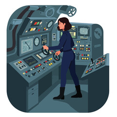 Poster - Woman operating submarine control panel in detailed vector illustration