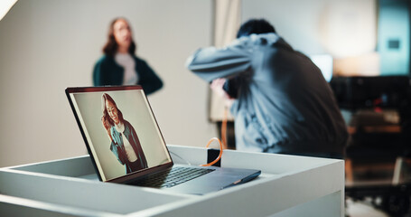 Aufkleber - Laptop screen, photographer and editing at agency for creative, digital art or magazine project. Technology, photoshoot and picture of model on computer for catalog, blog or website publishing.