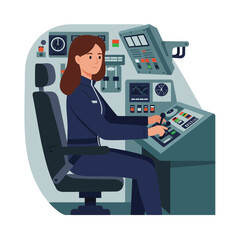 Poster - female engineer operating advanced machinery in flat vector art style