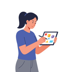 Poster - young woman creating colorful designs on tablet in flat vector art