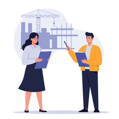 Poster - Two professionals discussing project details in flat vector illustration style with construction elements and tools vector art