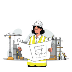 Poster - Construction worker analyzing blueprints in flat design vector art