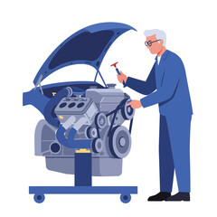 Poster - Mechanic working on an engine in flat vector art style for automotive illustration