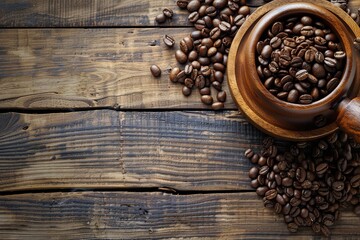 Poster - Coffee beans and grinders create inviting atmosphere for connoisseurs on wooden table Generative AI