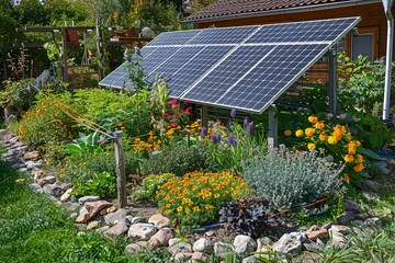 Poster - Eco-friendly garden featuring solar panels and sustainable technologies for a greener future on a sunny day Generative AI