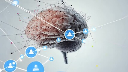 Poster - Brain's Network: a 3d illustration of a human brain, with connection between the human icon, show the power of network. 