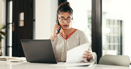 Fototapete - Phone call, paperwork and woman with laptop in home with communication for client feedback. Computer, contact and female event planner with freelance job on mobile discussion for vendor negotiation