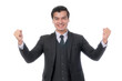 © suphaporn - Excited young businessman in a black suit celebrating success with raised fists, smiling and standing isolated on a transparent background, concept of achievement, motivation, and business success