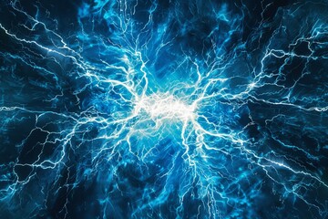 Fototapete - Electric discharges illuminate a vibrant blue network of energy, showcasing dynamic movement in a technological environment Generative AI