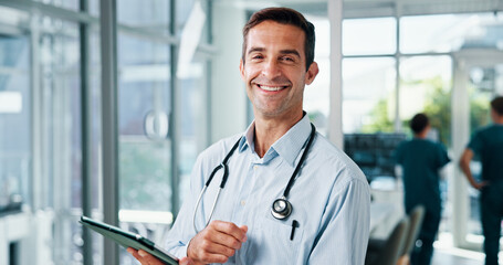 Aufkleber - Happy man, portrait and doctor with tablet for medical improvement, positive results or research at hospital. Person, cardiologist or healthcare professional with smile on technology for health study
