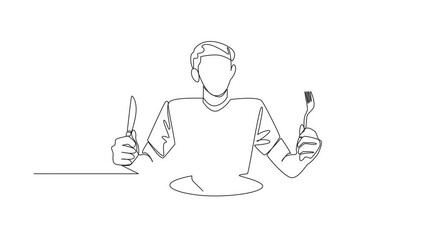 Poster - animated self drawing of single continuous line drawing a man in casual clothes holding a fork and k