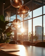 Poster - Illuminated Workspace Harmony Modern Corporate Wellness Design with Golden Hour Lighting - Innovative Leadership and Collaborative Strategy Visualization