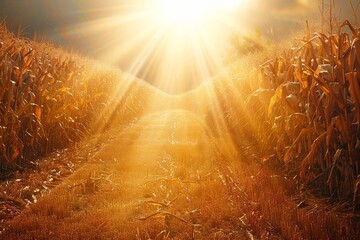 Poster - Golden corn fields glow under bright sunlight in a rural landscape ideal for organic farming and agricultural innovation Generative AI