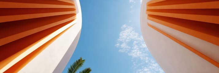 Poster - Minimalist Architectural Perspective Geometric Terracotta and White Modern Design Capturing Sunlight, Sky, and Tropical Inspiration for Urban Space Innovation