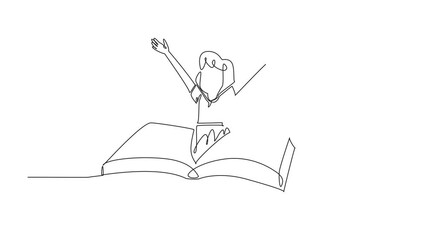 Poster - animation of single continuous line drawing a girl emerges from the middle of open thick book. happy